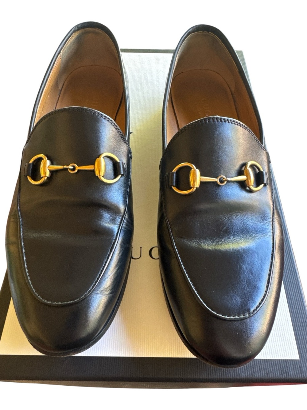 Gucci Betis Glamour Nero 404069 Black Leather Horsebit Loafers Gold Tone Sz 35.5